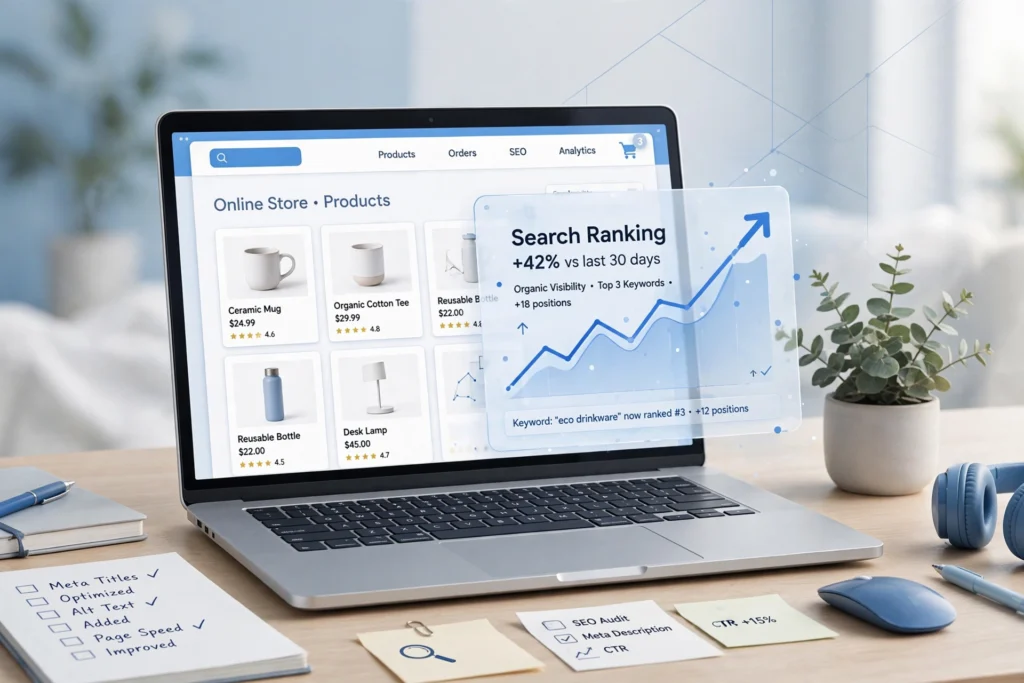 Ecommerce SEO concept: online store product pages with a rising search ranking graph on a laptop