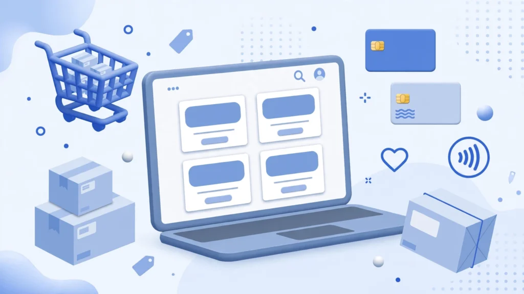 Online store website on a laptop with shopping cart, products and payment icons