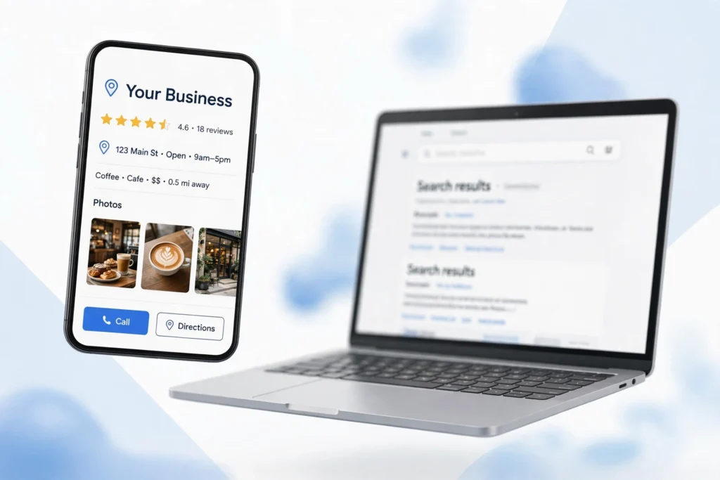 Smartphone displaying an optimized Google Business Profile listing with star rating, photos and map location