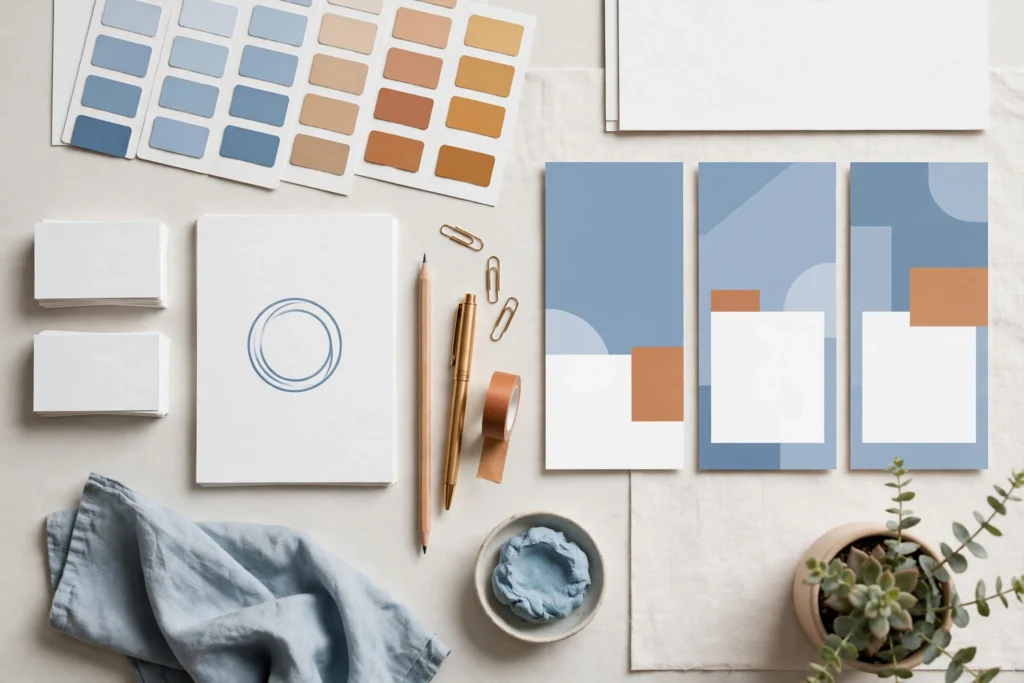 Illustration of graphic design services for small business showing brand assets, logo concepts and marketing visuals