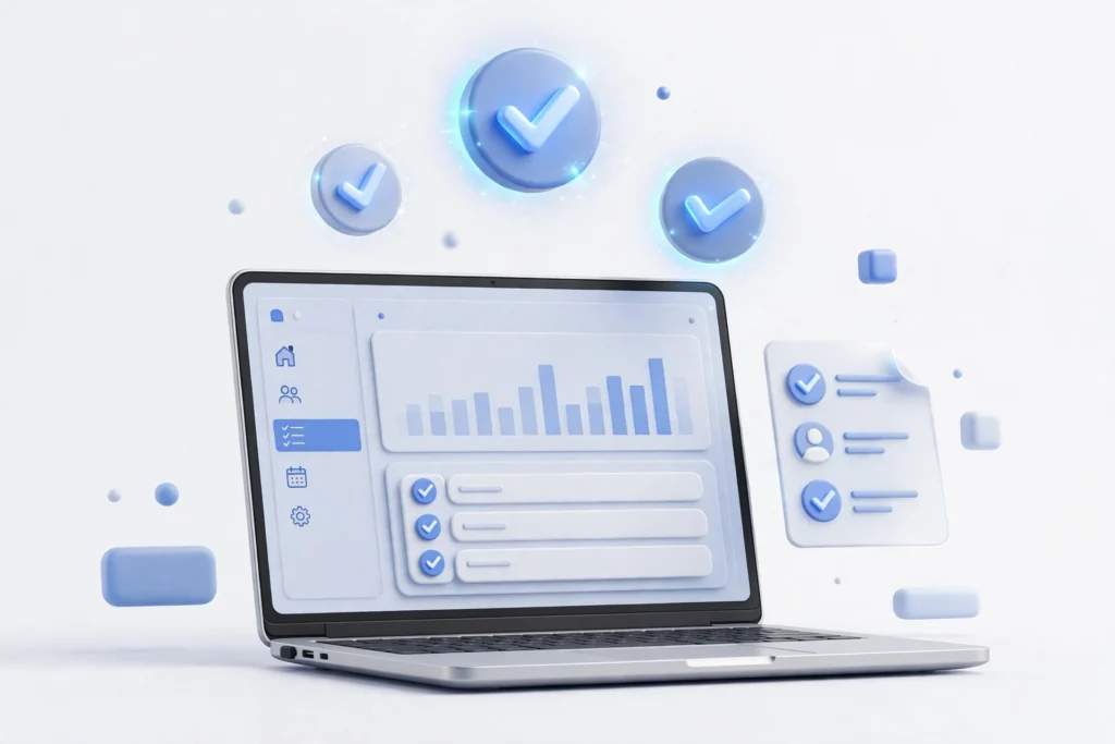 Illustration of a hiring checklist over a laptop showing a WordPress dashboard, for hiring a WordPress developer