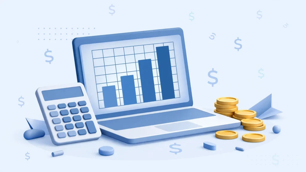 Price breakdown chart for website design costs on a laptop with calculator and coins