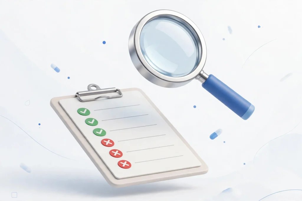 Magnifying glass over a checklist with green checkmarks and red X marks, illustrating red flags and green flags for choosing an SEO company