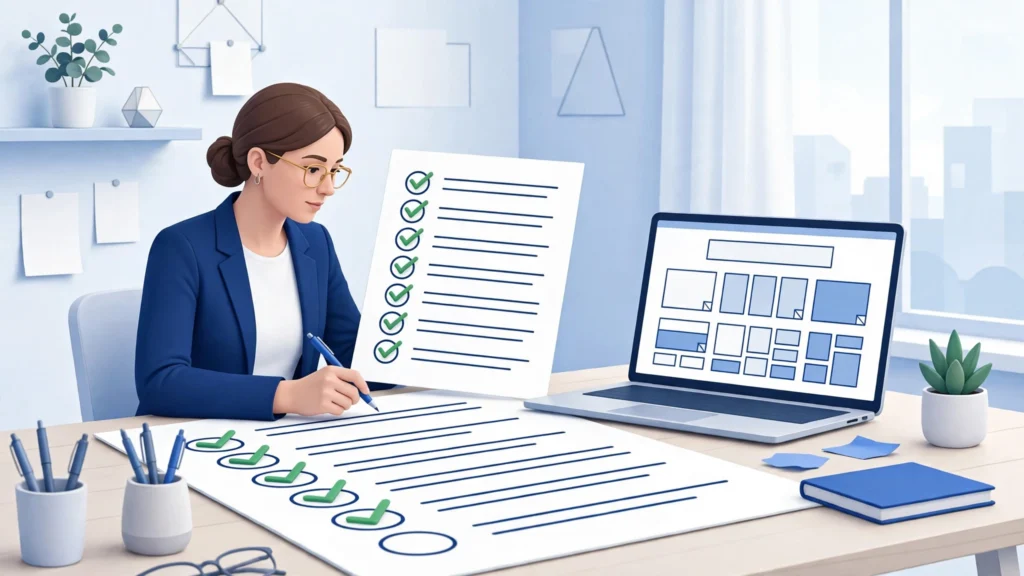 Business owner reviewing a web design agency checklist with a laptop showing website layouts