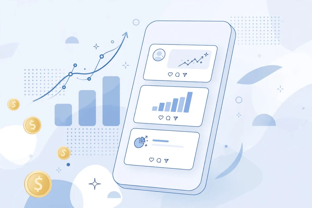 Illustration of social media management cost breakdown with phone, content cards and growth analytics