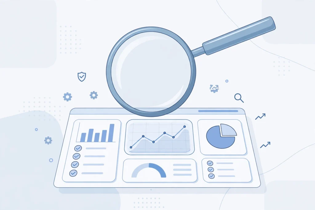 Illustration of a professional website SEO audit examining site health, pages and search performance