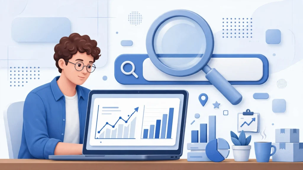 Small business owner reviewing SEO growth charts and search rankings on a laptop