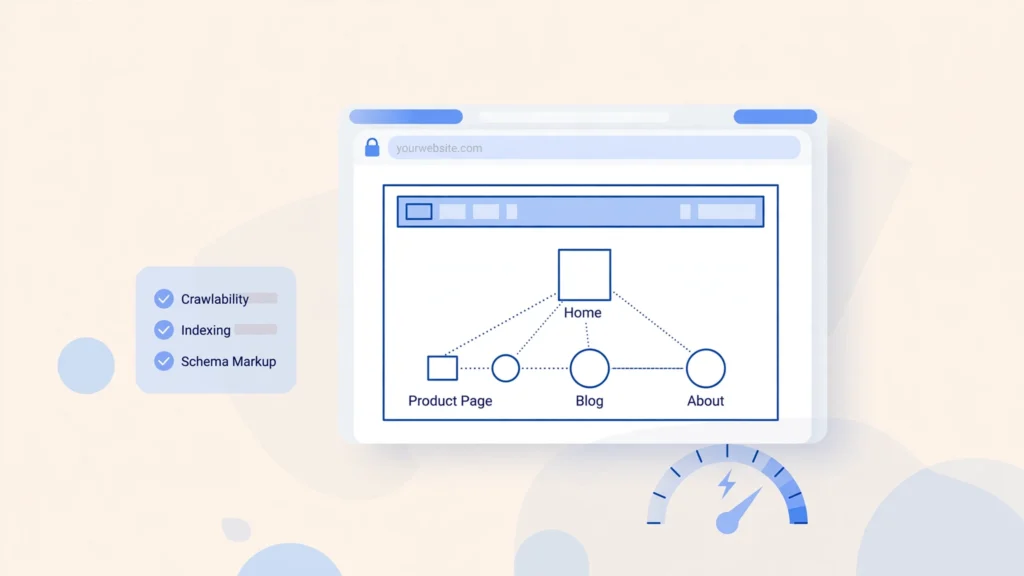 Illustration of technical SEO services examining a website's crawlability, speed and structure