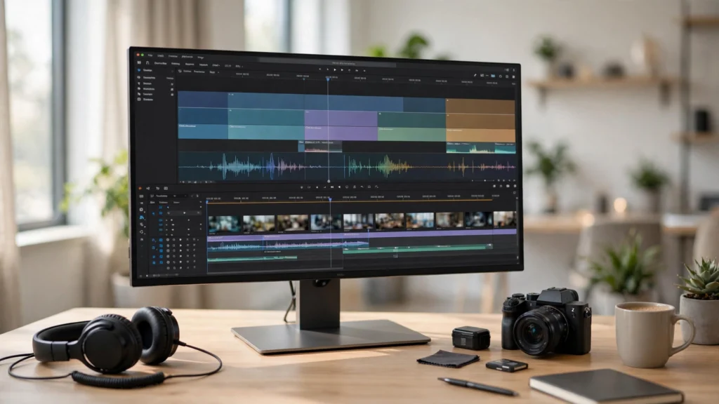 Professional video editing workstation with editing timeline on screen