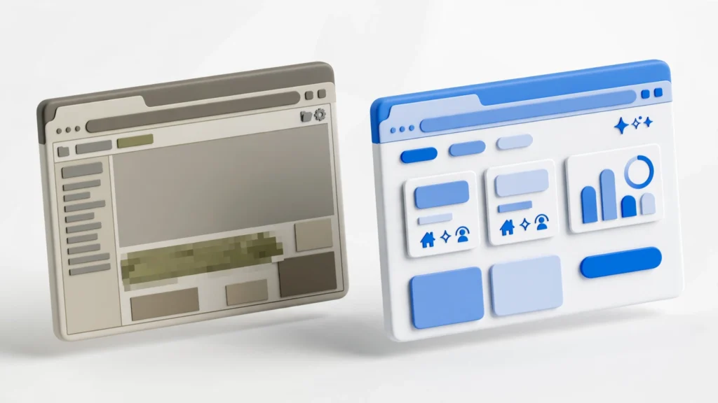 Before-and-after illustration of a website redesign: an outdated site transformed into a modern one