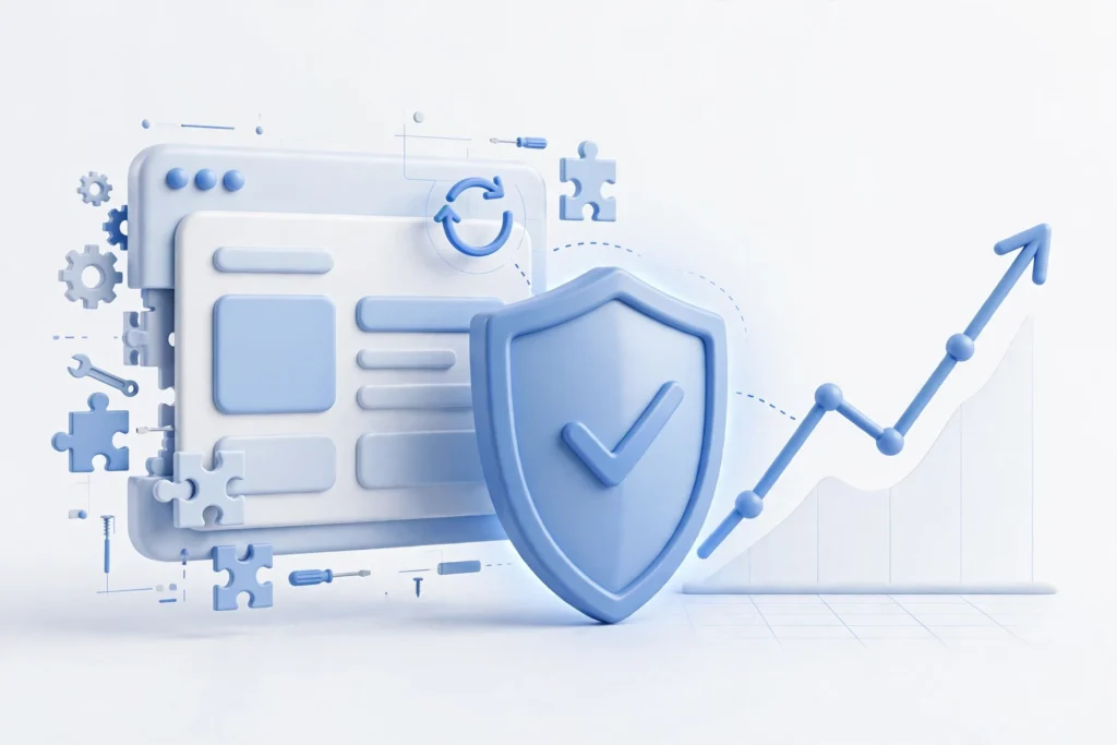 Illustration of a website being redesigned with a shield protecting its search rankings