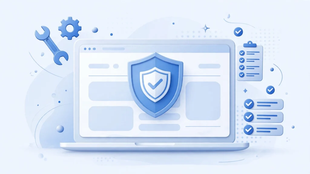 Shield and tools icon protecting a WordPress website on a laptop screen with checklist