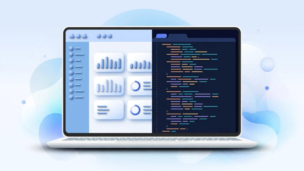 Side-by-side comparison of WordPress dashboard and custom code editor on a laptop screen
