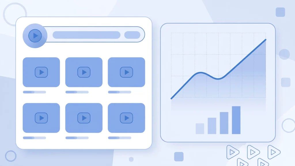 Illustration of YouTube channel management services showing a channel dashboard, content planning and growth analytics
